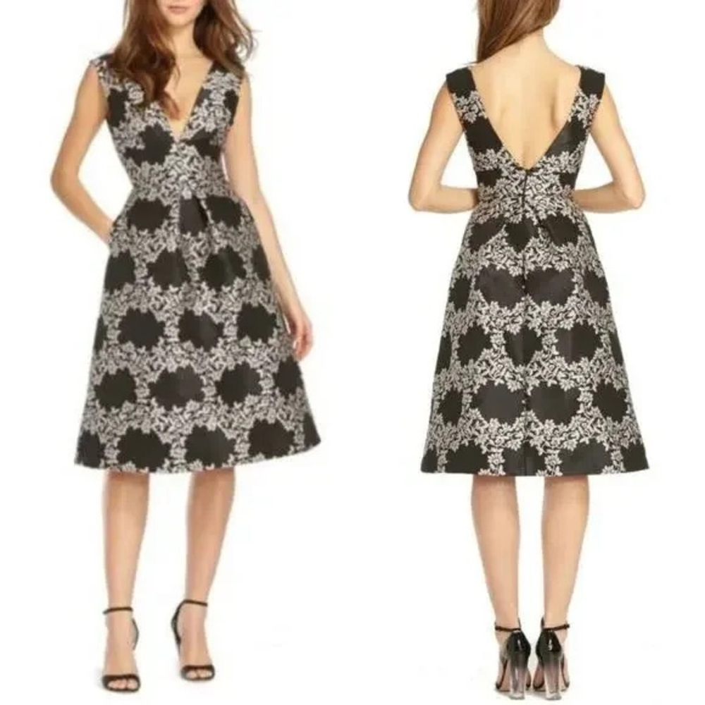 Monique Lhuillier Black and White Floral V-Neck Midi Dress